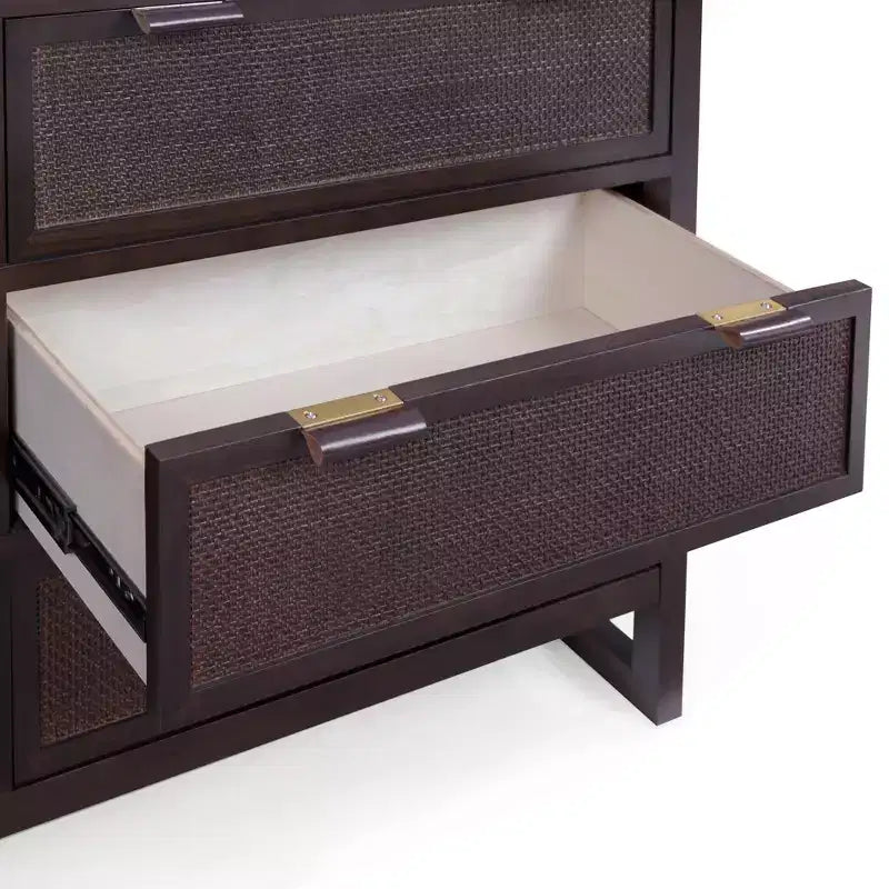 Comò a 6 cassetti Hatteras Modern Boho con legno massello e dettagli in rattan naturale-Teamson Home