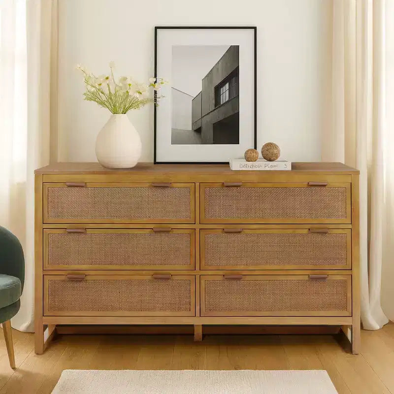 Comò a 6 cassetti Hatteras Modern Boho con legno massello e dettagli in rattan naturale-Teamson Home