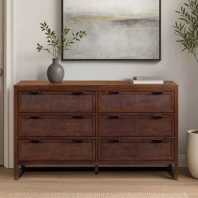 Comò a 6 cassetti Hatteras Modern Boho con legno massello e dettagli in rattan naturale-Teamson Home