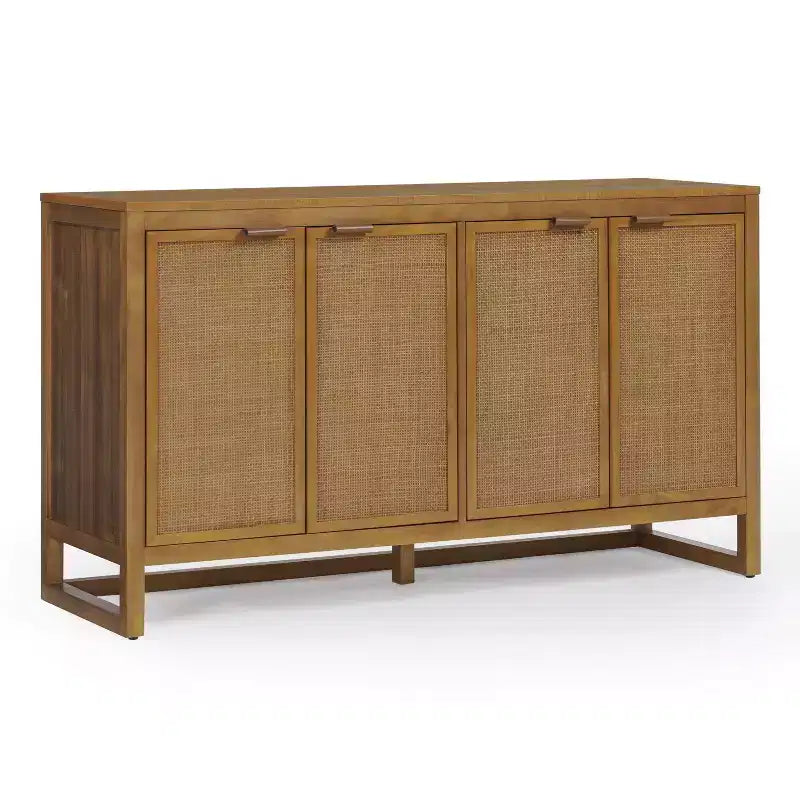 Hatteras Madia Moderna Boho a 4 Ante con Dettagli in Legno Massiccio e Rattan Naturale-Teamson Home