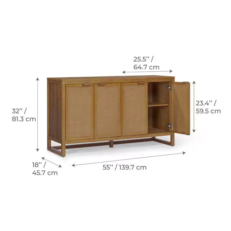 Hatteras Madia Moderna Boho a 4 Ante con Dettagli in Legno Massiccio e Rattan Naturale-Teamson Home