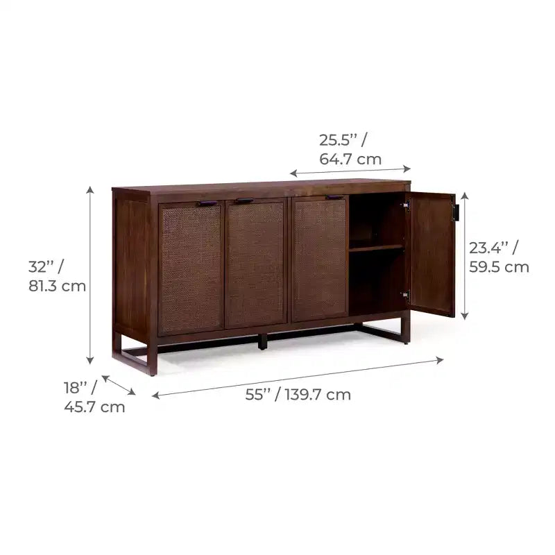 Hatteras Madia Moderna Boho a 4 Ante con Dettagli in Legno Massiccio e Rattan Naturale-Teamson Home