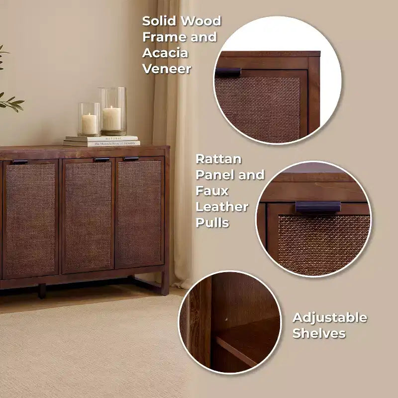 Hatteras Madia Moderna Boho a 4 Ante con Dettagli in Legno Massiccio e Rattan Naturale-Teamson Home
