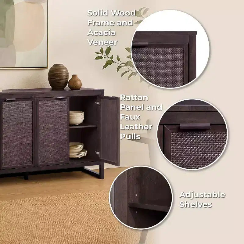 Hatteras Madia Moderna Boho a 4 Ante con Dettagli in Legno Massiccio e Rattan Naturale-Teamson Home