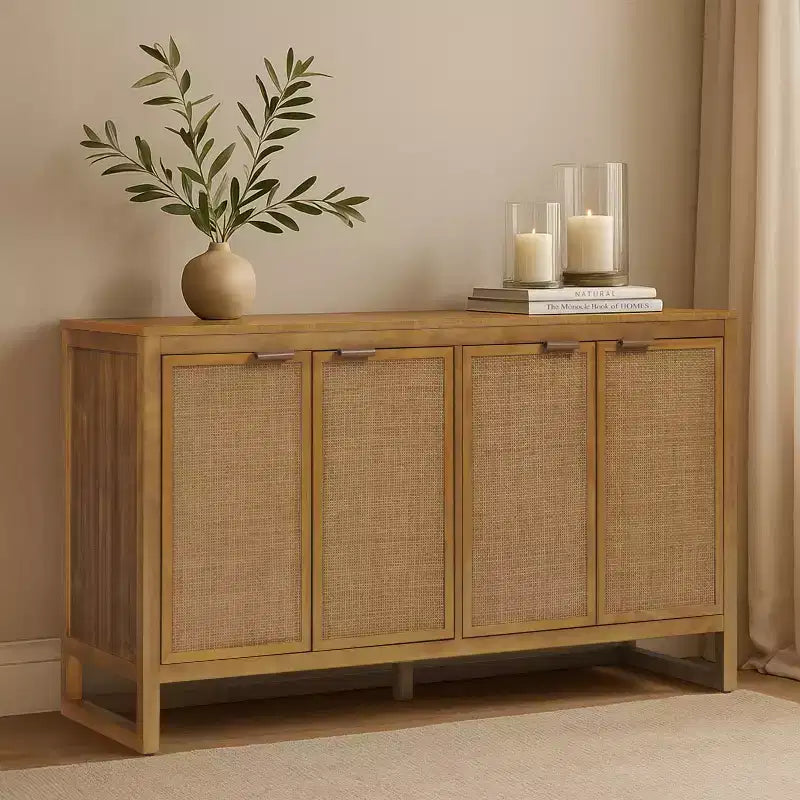 Hatteras Madia Moderna Boho a 4 Ante con Dettagli in Legno Massiccio e Rattan Naturale-Teamson Home