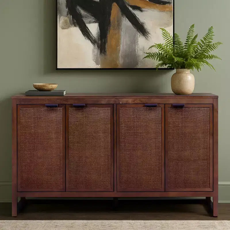 Hatteras Madia Moderna Boho a 4 Ante con Dettagli in Legno Massiccio e Rattan Naturale-Teamson Home
