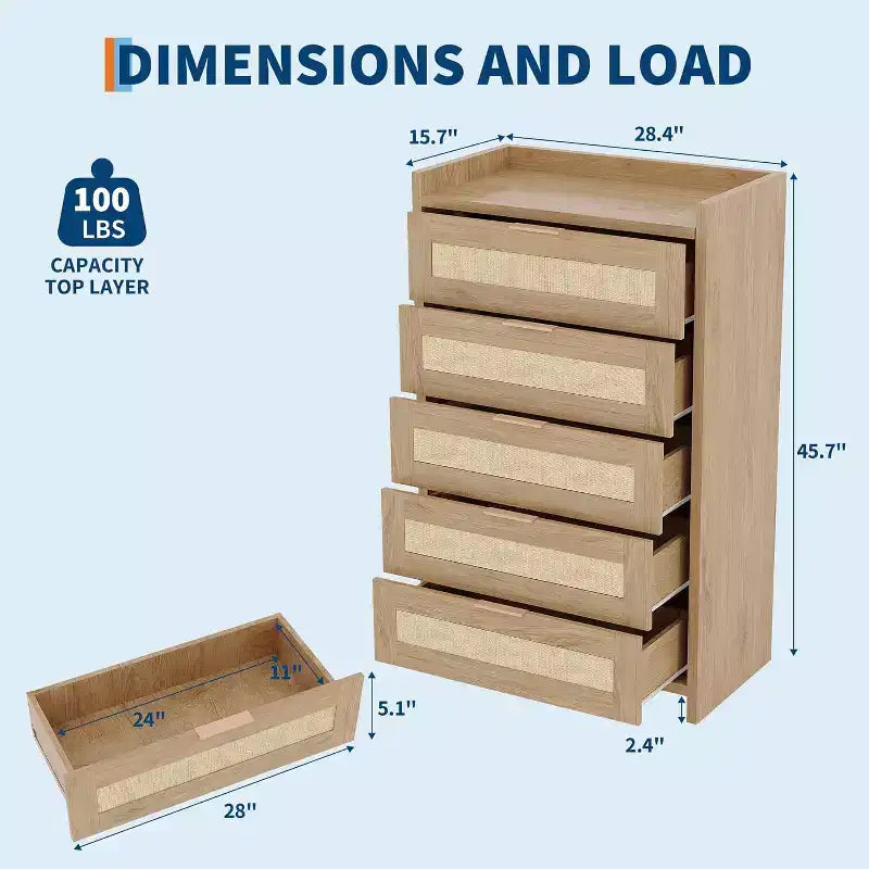 Comò a 5 cassetti in rovere e rattan per camera da letto, armadio alto 46 cm, comodino in stile bohémien per soggiorno, corridoio, cameretta dei bambini, ingresso
