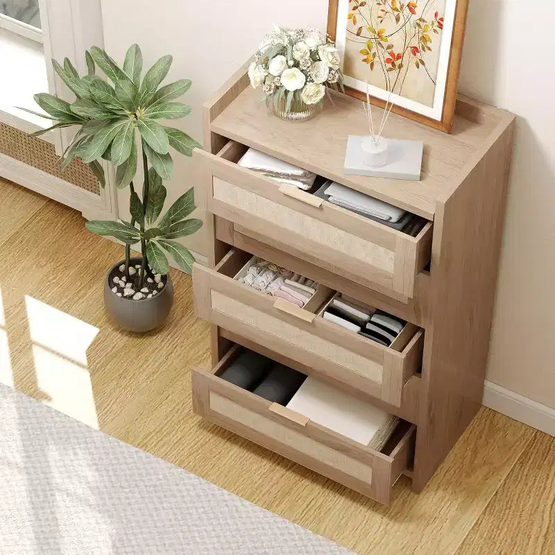 Comò a 5 cassetti in rovere e rattan per camera da letto, armadio alto 46 cm, comodino in stile bohémien per soggiorno, corridoio, cameretta dei bambini, ingresso