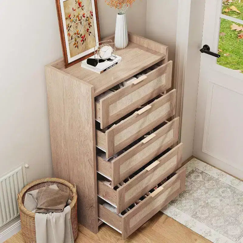 Comò a 5 cassetti in rovere e rattan per camera da letto, armadio alto 46 cm, comodino in stile bohémien per soggiorno, corridoio, cameretta dei bambini, ingresso