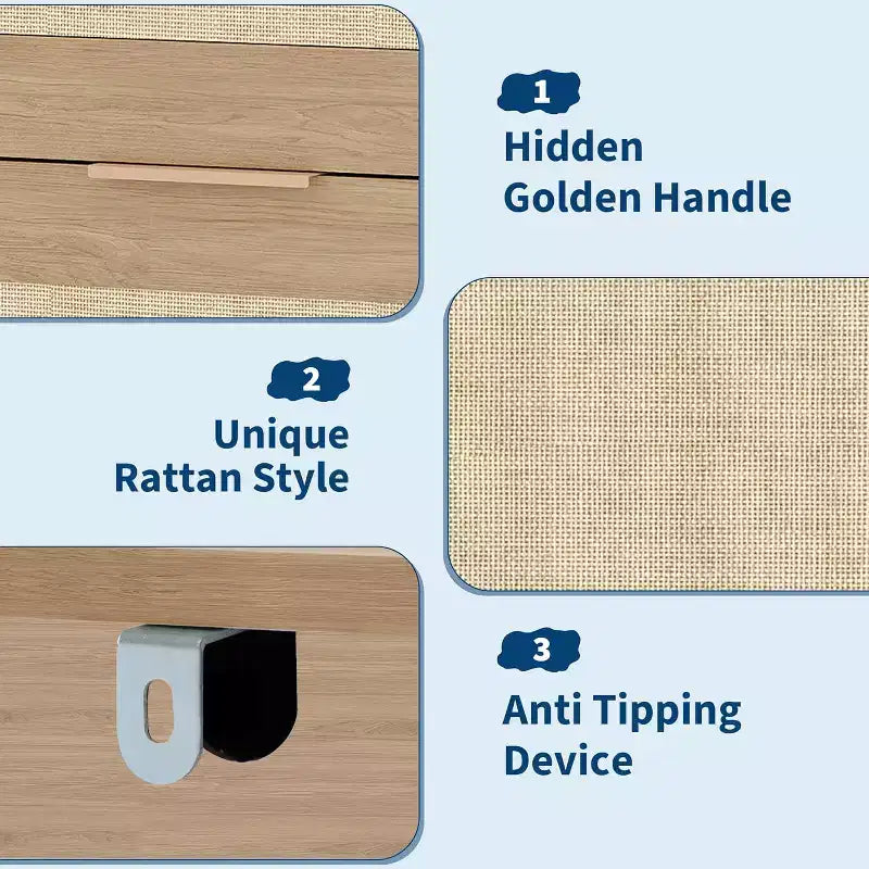 Comò a 5 cassetti in rovere e rattan per camera da letto, armadio alto 46 cm, comodino in stile bohémien per soggiorno, corridoio, cameretta dei bambini, ingresso
