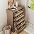Comò a 5 cassetti in rovere e rattan per camera da letto, armadio alto 46 cm, comodino in stile bohémien per soggiorno, corridoio, cameretta dei bambini, ingresso