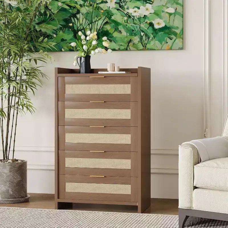 Oak Rattan 5 Drawer Dresser for Bedroom 46 High Wardrobe Bohemian Style Nightstand for Living Room Hallway Baby Room Entryway