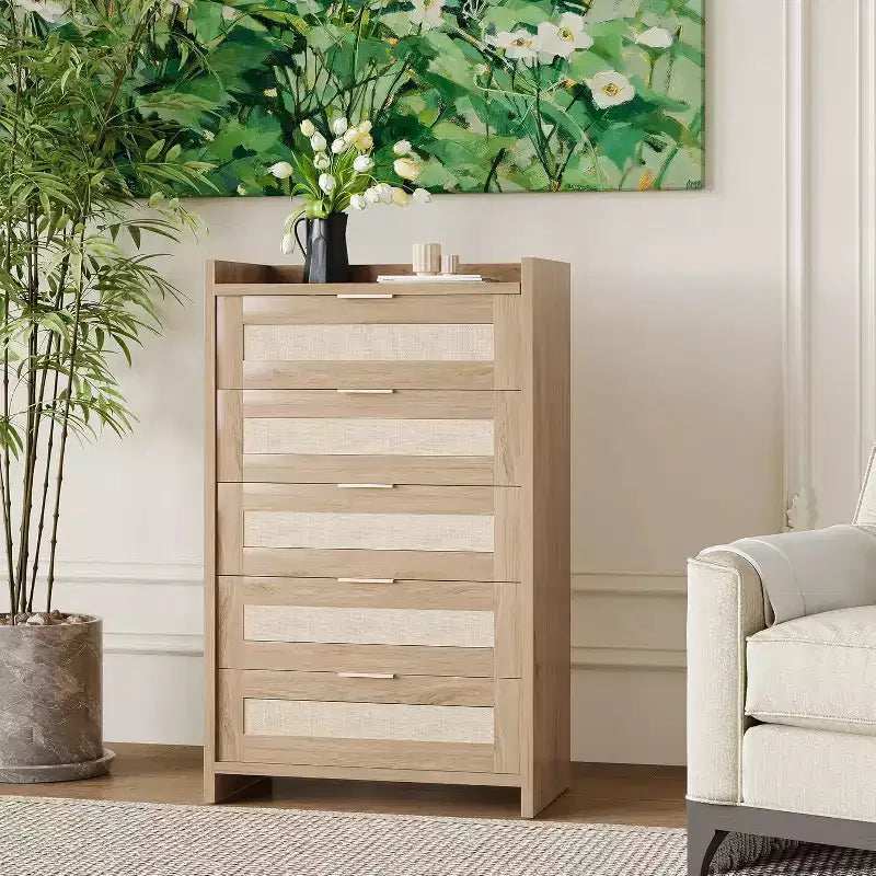 Comò a 5 cassetti in rovere e rattan per camera da letto, armadio alto 46 cm, comodino in stile bohémien per soggiorno, corridoio, cameretta dei bambini, ingresso