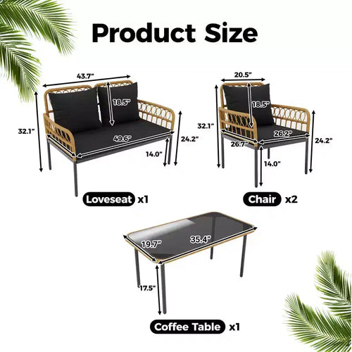 Ensemble de 4 meubles de patio en rotin – Meubles de terrasse en rotin creux, ensemble de mobilier d'extérieur en osier avec table basse en verre pour patio, arrière-cour