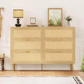 Rattan 6-Drawer Dresser - 42.5 Boho Chest w/ Gold Legs & Anti-Tip, Natural Finish for Bedroom & Living Room