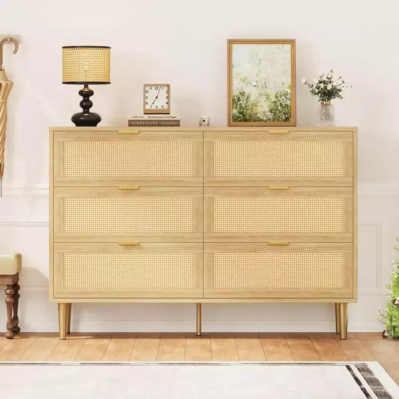 Rattan 6-Drawer Dresser - 42.5 Boho Chest w/ Gold Legs & Anti-Tip, Natural Finish for Bedroom & Living Room