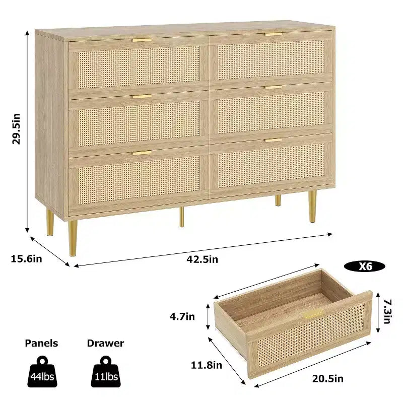 Cassettiera 6 cassetti in Rattan - Comodino 42.5 Boho con Gambe Dorate e Antiribaltamento, Finitura Naturale per Camera da Letto e Soggiorno