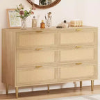 Cassettiera 6 cassetti in Rattan - Comodino 42.5 Boho con Gambe Dorate e Antiribaltamento, Finitura Naturale per Camera da Letto e Soggiorno