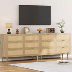 Cassettiera 6 cassetti in Rattan - Comodino 42.5 Boho con Gambe Dorate e Antiribaltamento, Finitura Naturale per Camera da Letto e Soggiorno