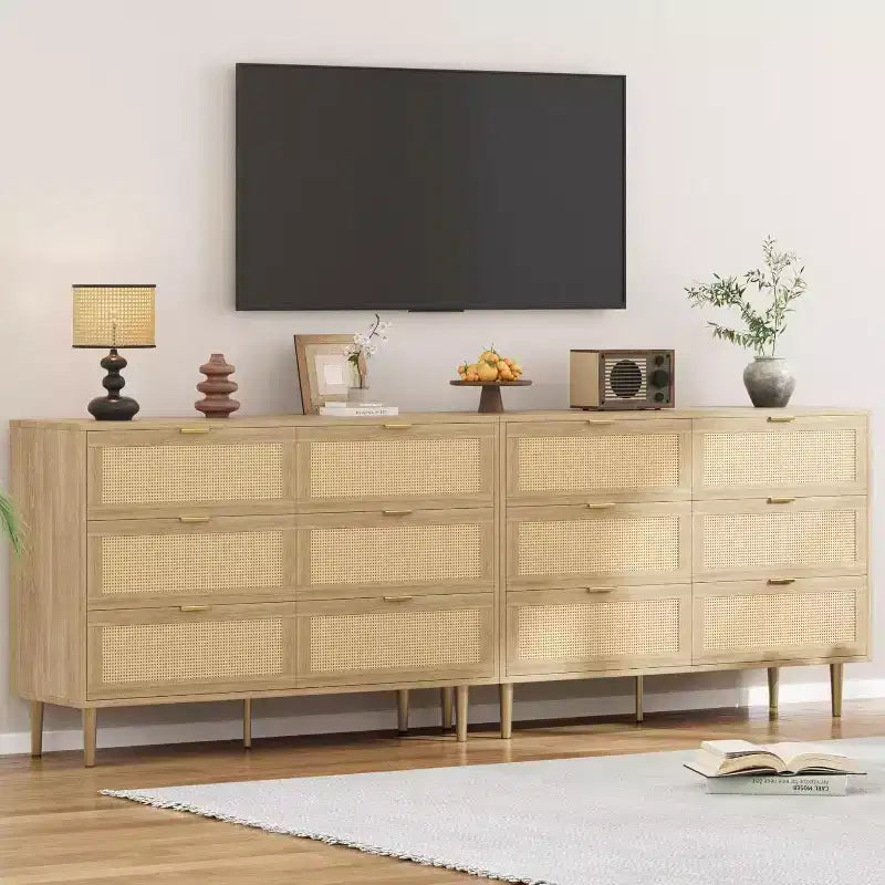 Cassettiera 6 cassetti in Rattan - Comodino 42.5 Boho con Gambe Dorate e Antiribaltamento, Finitura Naturale per Camera da Letto e Soggiorno