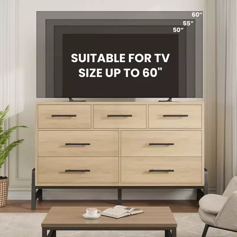 Cassettiera CuisinSmart 52" con 7 cassetti per camera da letto - Comò in rovere naturale, organizer armadio autoportante per soggiorno, ingresso