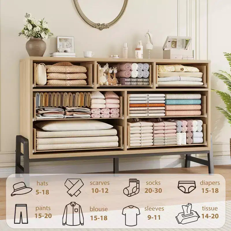Cassettiera CuisinSmart 52" con 7 cassetti per camera da letto - Comò in rovere naturale, organizer armadio autoportante per soggiorno, ingresso