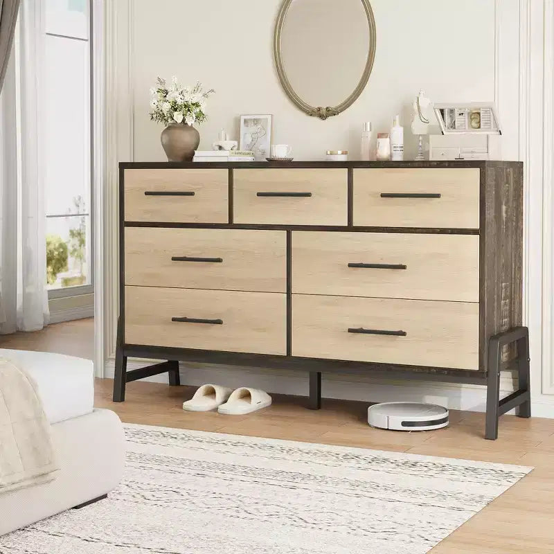 Cassettiera CuisinSmart 52" con 7 cassetti per camera da letto - Comò in rovere naturale, organizer armadio autoportante per soggiorno, ingresso