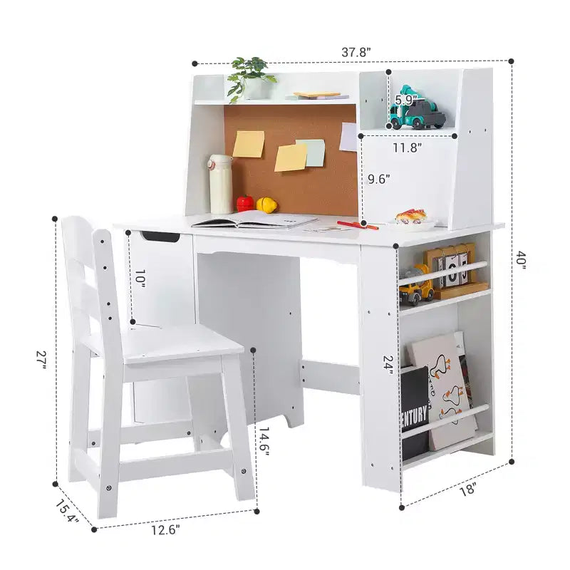 CuisinSmart Scrivania e Sedia per Bambini, Tavolo Studio in Legno con Ripiano Contenitore, Bacheca per Bambini 3-8 Anni