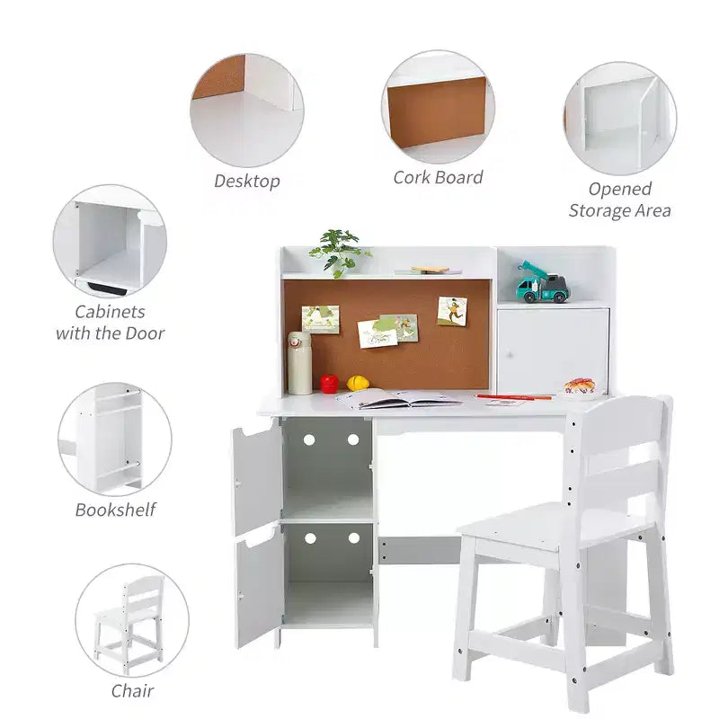 CuisinSmart Scrivania e Sedia per Bambini, Tavolo Studio in Legno con Ripiano Contenitore, Bacheca per Bambini 3-8 Anni