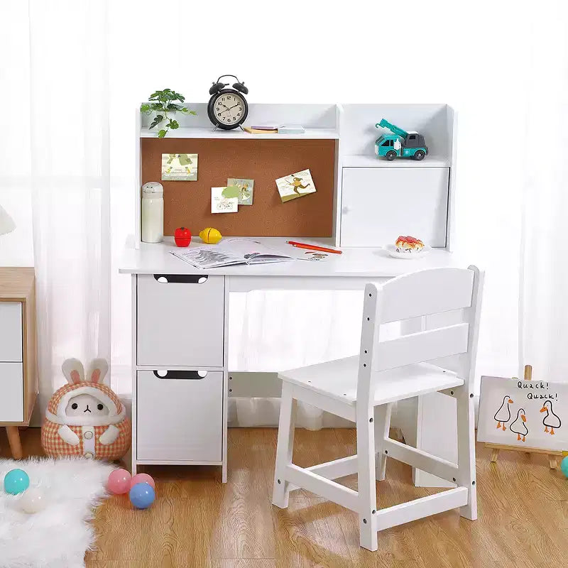 CuisinSmart Scrivania e Sedia per Bambini, Tavolo Studio in Legno con Ripiano Contenitore, Bacheca per Bambini 3-8 Anni
