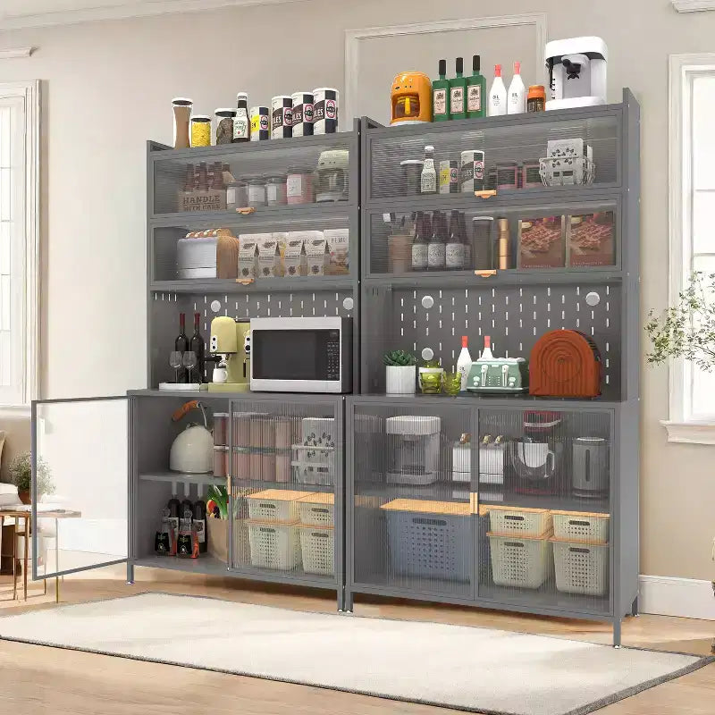 Dispensa alta da cucina, armadietto a 6 livelli con anta a ribalta e pannello forato, armadietto in metallo anti-ribaltamento per cucina e sala da pranzo