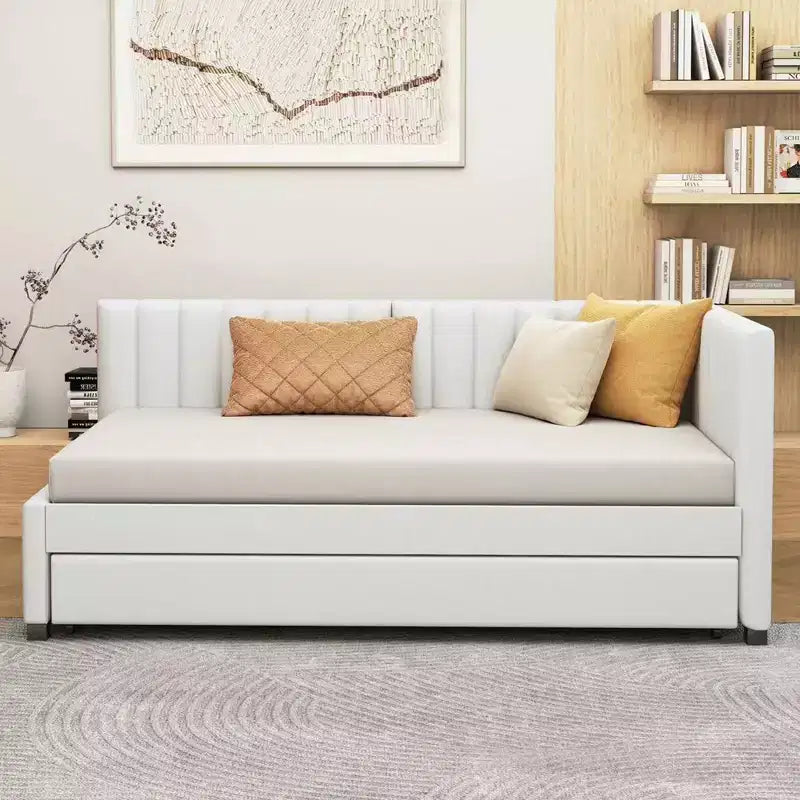Bellemave Twin Size Upholstered Daybed with Trundle Bed,Twin Day Bed Frame with Armrest,Sofa Bed for Living Room Bedroom,Beige