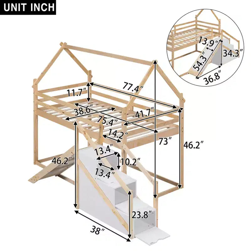 Bellemave Letto a castello singolo su singolo a forma di casetta con scivolo e scala, colore naturale