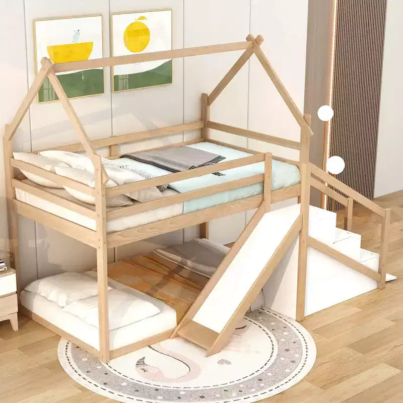 Bellemave Letto a castello singolo su singolo a forma di casetta con scivolo e scala, colore naturale