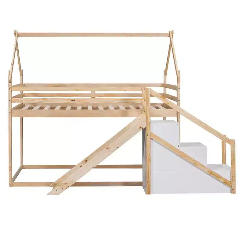 Bellemave Letto a castello singolo su singolo a forma di casetta con scivolo e scala, colore naturale