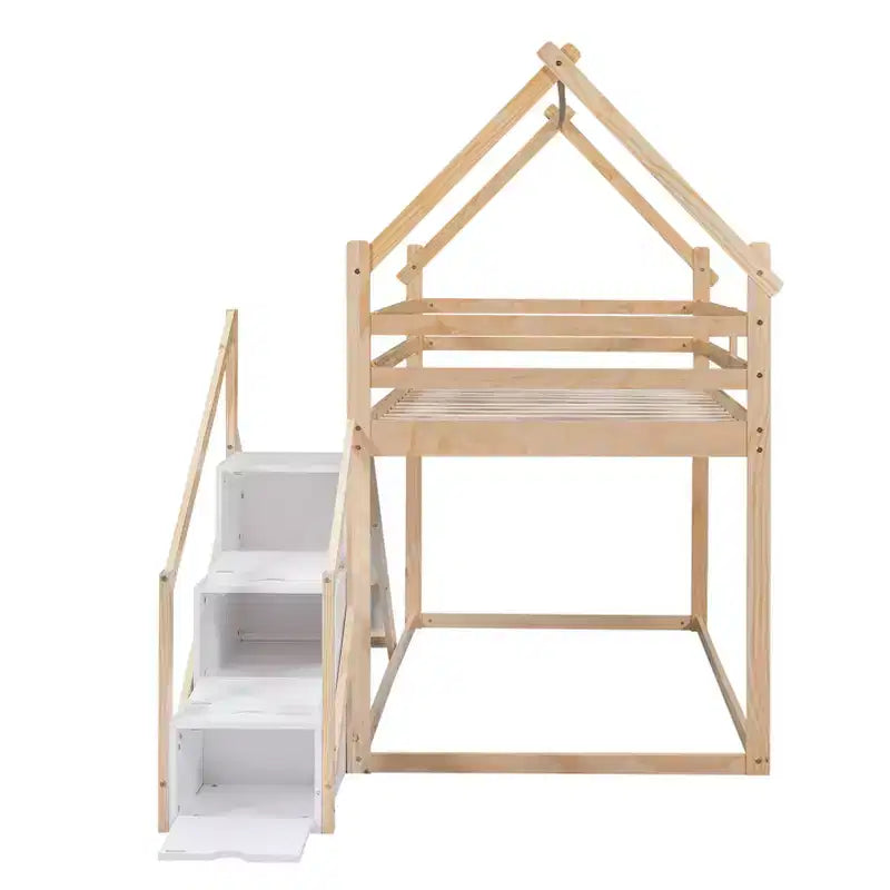Bellemave Letto a castello singolo su singolo a forma di casetta con scivolo e scala, colore naturale