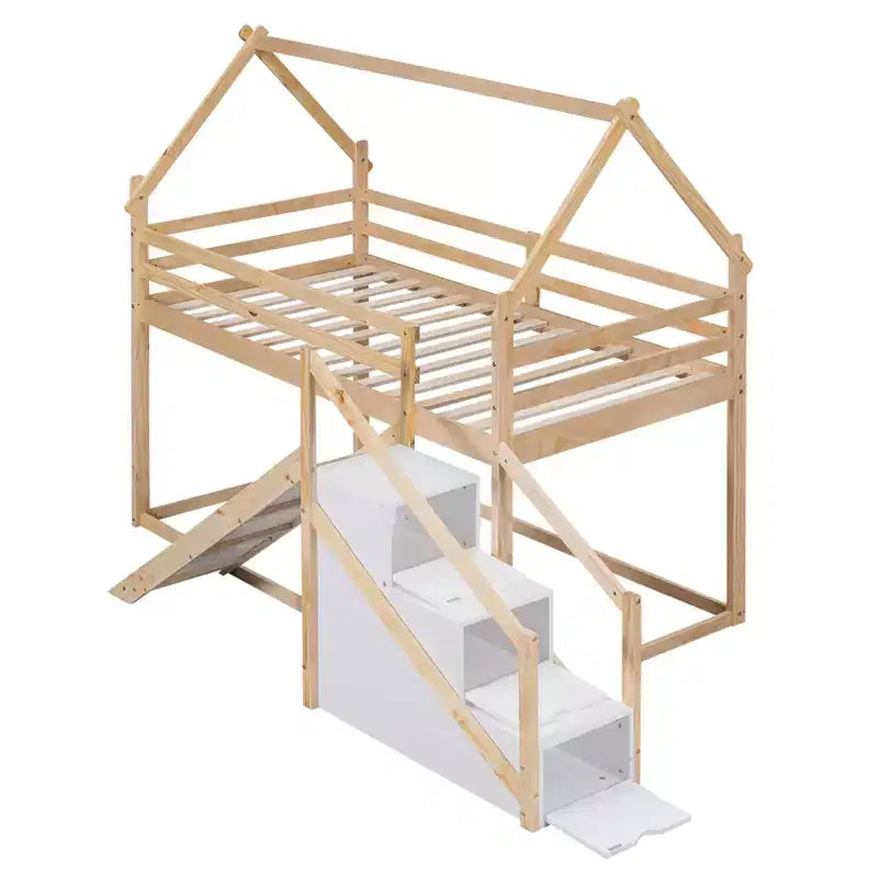 Bellemave Letto a castello singolo su singolo a forma di casetta con scivolo e scala, colore naturale