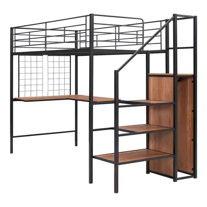 Lit mezzanine en métal Bellemave, taille double, avec bureau et grille métallique, lit élégant à cadre métallique avec échelle de rangement latérale et armoire, noir