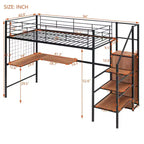 Lit mezzanine en métal Bellemave, taille double, avec bureau et grille métallique, lit élégant à cadre métallique avec échelle de rangement latérale et armoire, noir