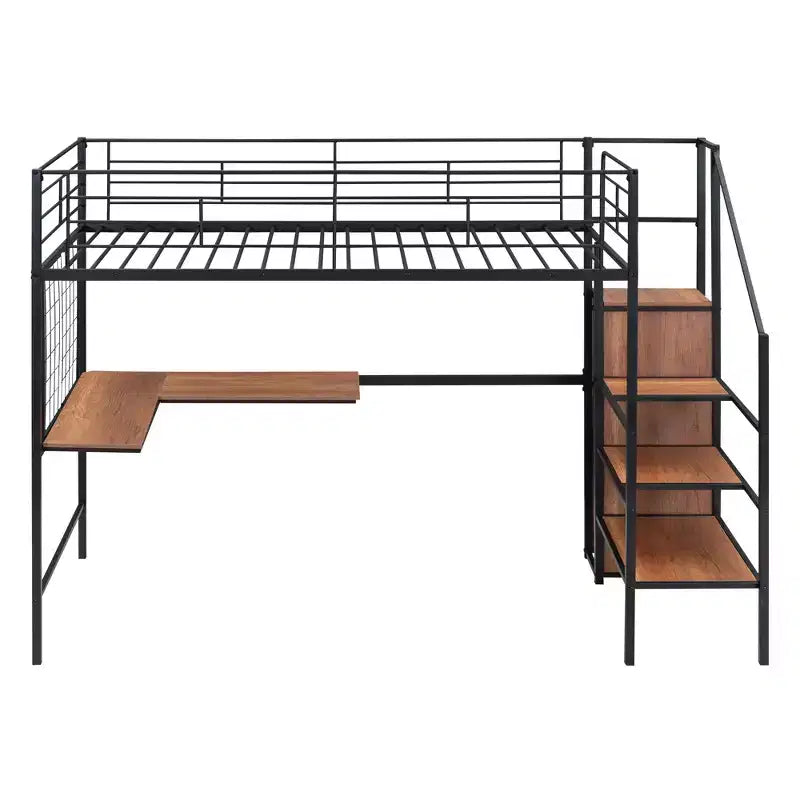 Lit mezzanine en métal Bellemave, taille double, avec bureau et grille métallique, lit élégant à cadre métallique avec échelle de rangement latérale et armoire, noir