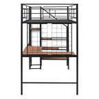 Lit mezzanine en métal Bellemave, taille double, avec bureau et grille métallique, lit élégant à cadre métallique avec échelle de rangement latérale et armoire, noir