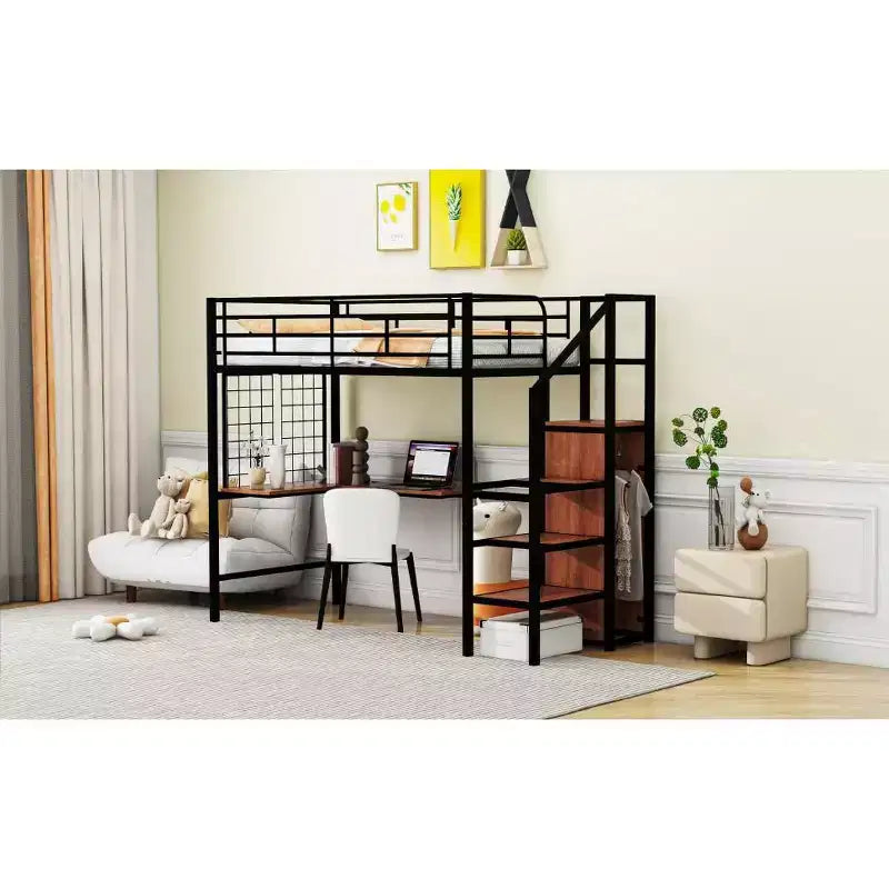 Lit mezzanine en métal Bellemave, taille double, avec bureau et grille métallique, lit élégant à cadre métallique avec échelle de rangement latérale et armoire, noir