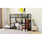 Lit mezzanine en métal Bellemave, taille double, avec bureau et grille métallique, lit élégant à cadre métallique avec échelle de rangement latérale et armoire, noir