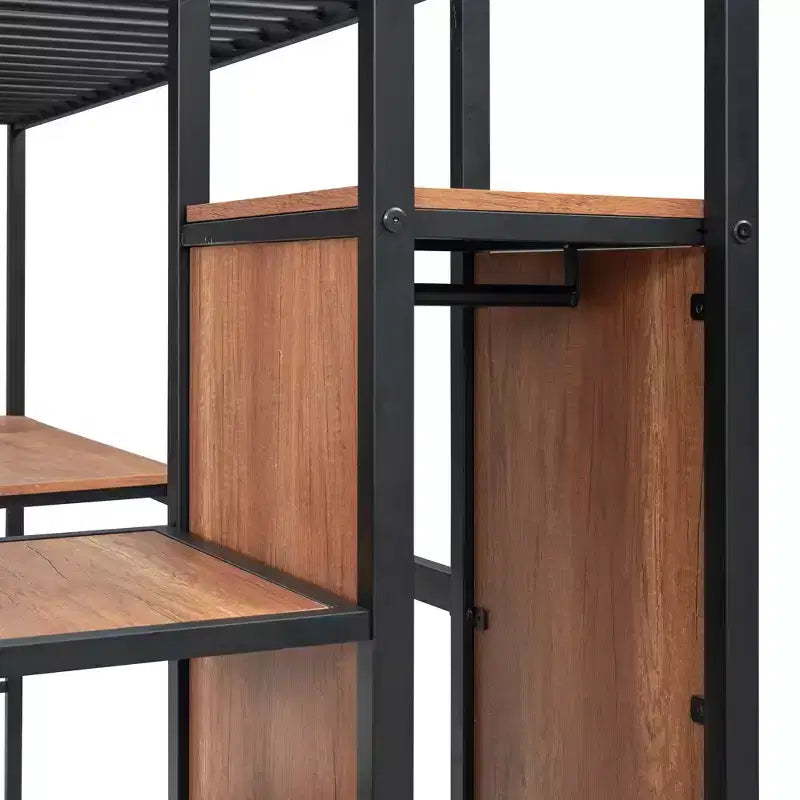 Lit mezzanine en métal Bellemave, taille double, avec bureau et grille métallique, lit élégant à cadre métallique avec échelle de rangement latérale et armoire, noir