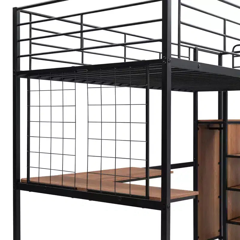 Lit mezzanine en métal Bellemave, taille double, avec bureau et grille métallique, lit élégant à cadre métallique avec échelle de rangement latérale et armoire, noir