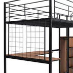 Lit mezzanine en métal Bellemave, taille double, avec bureau et grille métallique, lit élégant à cadre métallique avec échelle de rangement latérale et armoire, noir
