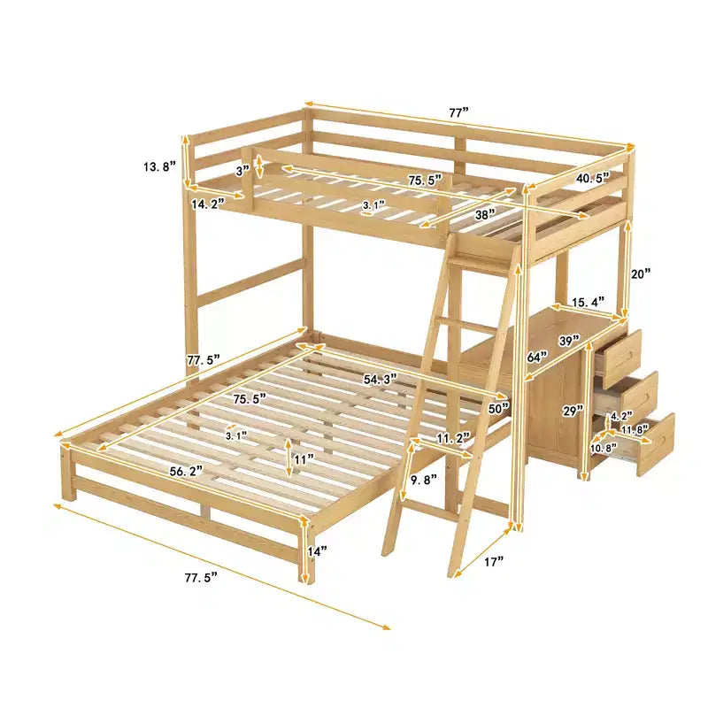 Bellemave Letto a castello singolo sopra piazza e mezzo, letto a castello in legno con scrivania, letto a castello singolo sopra piazza e mezzo con 3 cassetti, letto a soppalco con scrivania per bambini e adulti, Naturale