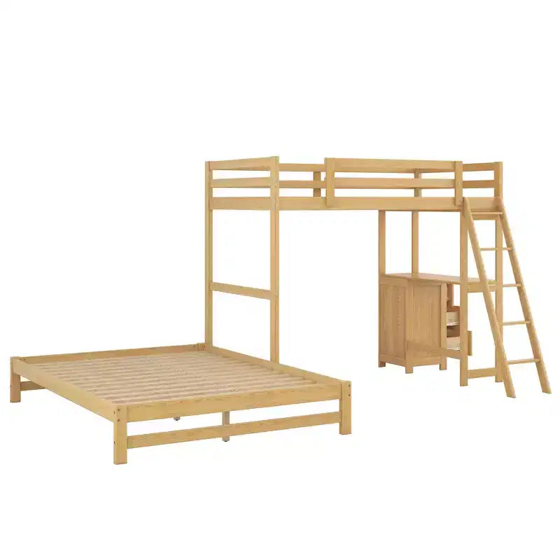 Bellemave Letto a castello singolo sopra piazza e mezzo, letto a castello in legno con scrivania, letto a castello singolo sopra piazza e mezzo con 3 cassetti, letto a soppalco con scrivania per bambini e adulti, Naturale