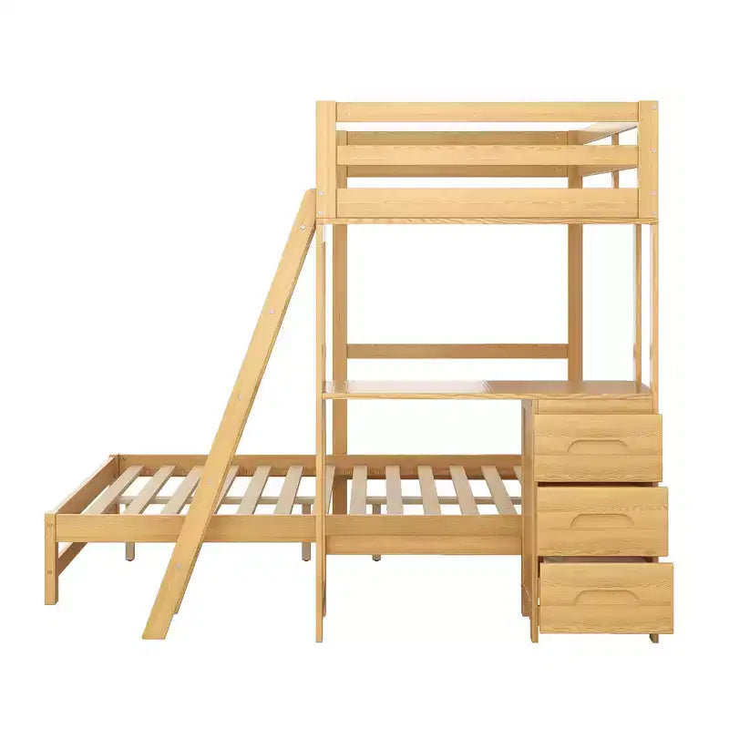 Bellemave Letto a castello singolo sopra piazza e mezzo, letto a castello in legno con scrivania, letto a castello singolo sopra piazza e mezzo con 3 cassetti, letto a soppalco con scrivania per bambini e adulti, Naturale
