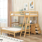 Bellemave Letto a castello singolo sopra piazza e mezzo, letto a castello in legno con scrivania, letto a castello singolo sopra piazza e mezzo con 3 cassetti, letto a soppalco con scrivania per bambini e adulti, Naturale